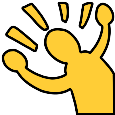 An abstract yellow figure at an angle throwing their hands in the air, with yellow emphasis lines around their head.